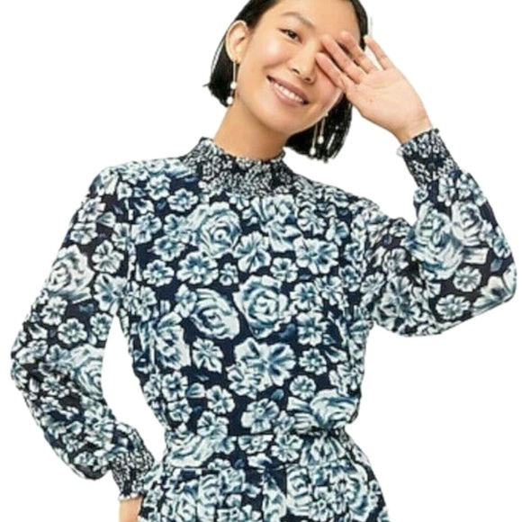 J. Crew Floral Crinkled Smocked Mock Neck Blouse Size Small Sheer Balloon Sleeve - Picture 12 of 13
